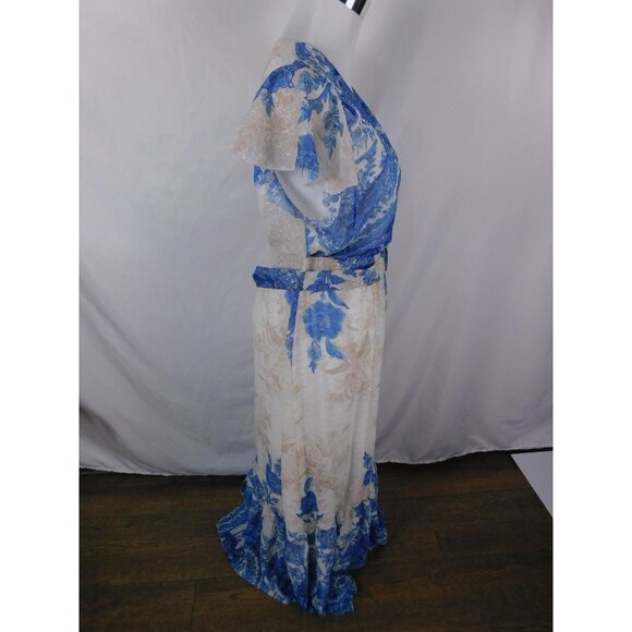 Flare Maxi Dress Womens Blue White Floral Belted Wrap V-Neck Made in Italy - Picture 9 of 12